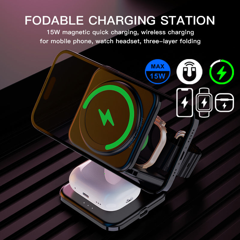 Foldable MagSafe Charger, 3 in 1 Charging Station for Apple iPhone 15 14, Watch S1-9/Ultra, AirPods