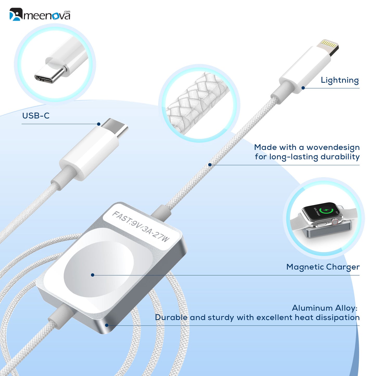 Meenova Apple Watch Charger, 2 in 1 iPhone and iWatch Magnetic Fast 27W Charging Lightning Cable Support WatchOS Upgrade Compatible with Apple Watch Series 9/8/7/6/SE/5, iPhone 14/13/12/11 (4FT)