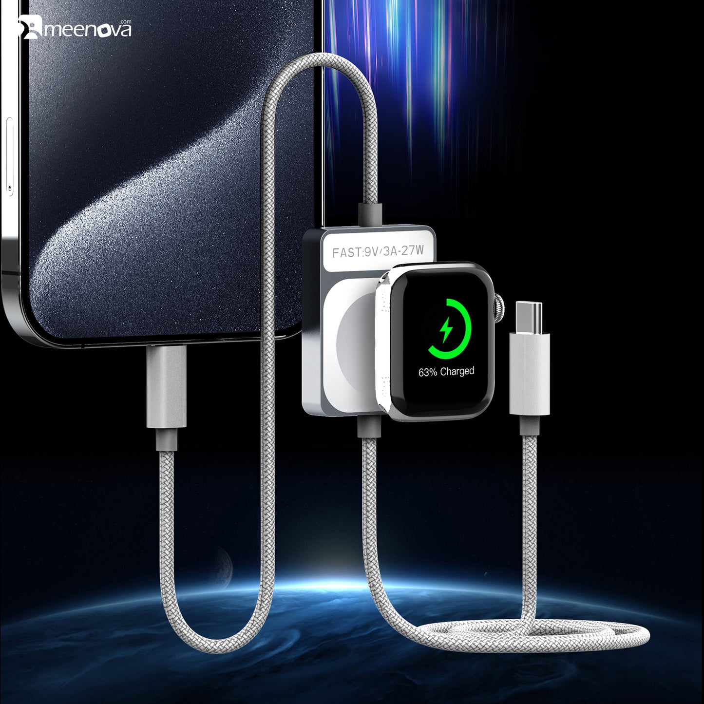 Meenova Apple Watch Charger, 2 in 1 iPhone and iWatch Magnetic Fast 27W Charging Lightning Cable Support WatchOS Upgrade Compatible with Apple Watch Series 9/8/7/6/SE/5, iPhone 14/13/12/11 (4FT)