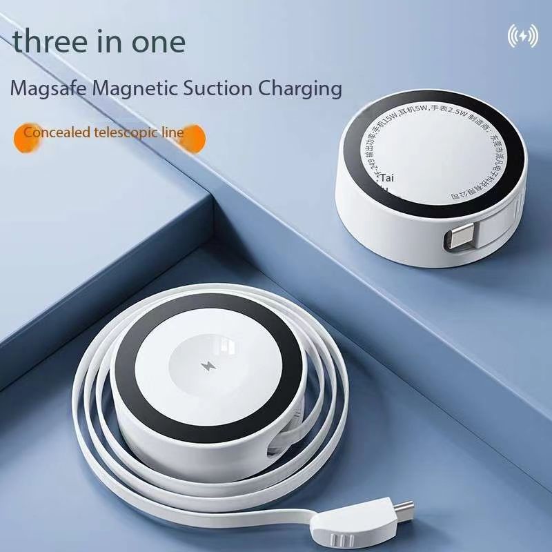 Portable 3-in-1 wireless charger for iPhone15promax ultra-thin magnetic suction base magsafe Apple 13 mobile phone appleWatch watch headset airpods car universal